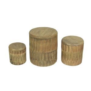 Set of 3 Hand Carved Wooden Canister Decorative Storage Container Kitchen Decor